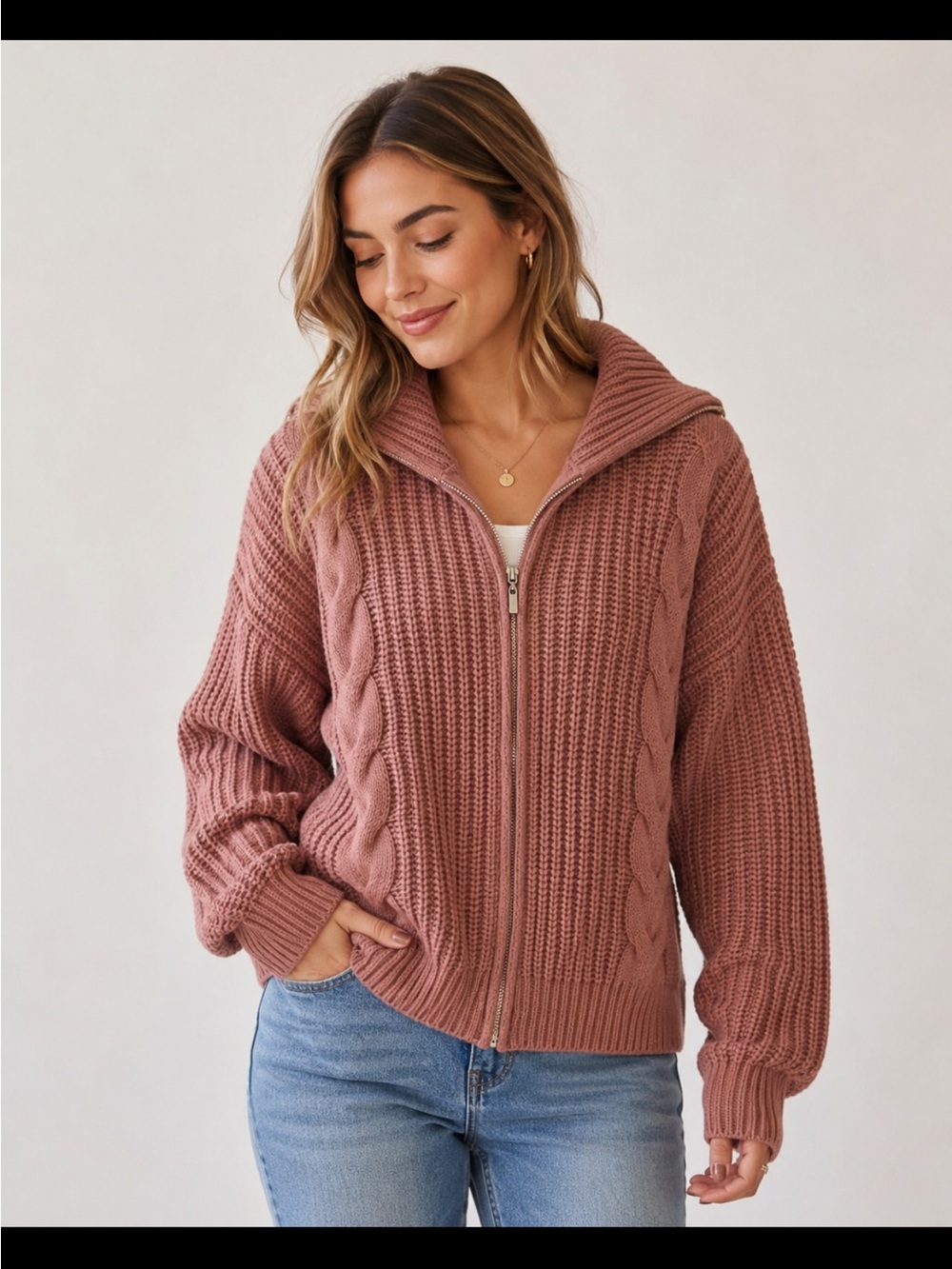 Women's Pink Hooded Zip-Up Cable Knit Sweater 22” tpt